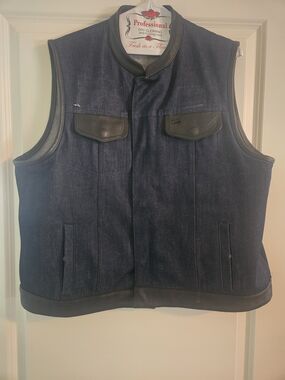 3XL Daniel Smart Men's Dark Blue Denim Vest with Black Leather Trim